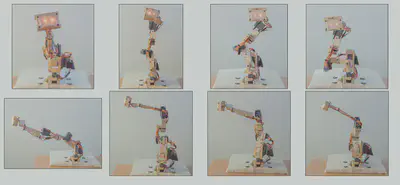 The Adelino robot, in four different expressive postures. The top row shows front views of each posture. Under each is the corresponding side view.